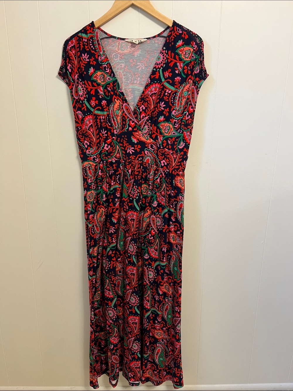 Boden Vanessa Navy Exotic Paisley D0867 Faux Wrap Jersey Knit Midi Dress US 10 - Picture 2 of 13